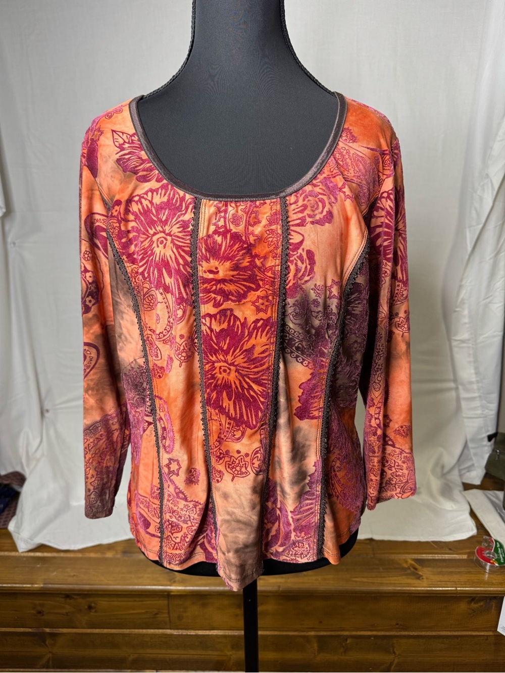 Cato Womens Y2K Floral Top Sz L Lace Trim Boho Artsy Whimsigoth Forest Fairy